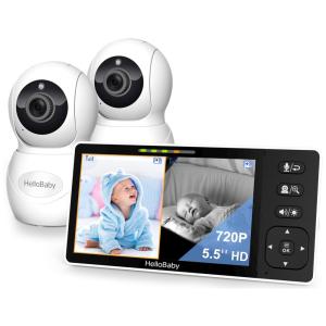 Babá Eletrônica com Monitor HD 720P, 2 Câmeras, Áudio, Luz Noturna, Sem WiFi, HelloBaby HB6081, Branca.