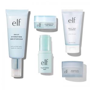 e.l.f. Kit Skincare Conjunto de cuidados com a Pele para viagem, Limpador, Bálsamo, Hidratante, Creme para os Olhos e Creme Noturno