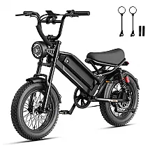Bicicleta elétrica off-road 16" Jasion YR16 preta pneus largos 4" suspensão dupla motor 2000W pico bateria 600Wh 7 marchas 48V 110V