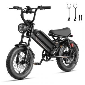 Bicicleta elétrica off-road 16" Jasion YR16 preta pneus largos 4" suspensão dupla motor 2000W pico bateria 600Wh 7 marchas 48V 110V