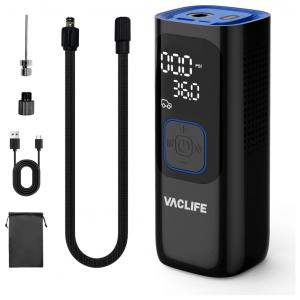 Compressor de Ar Portátil 160 PSI Recarregável com Tela LED e Desligamento Automático, 12V, VacLife ATJ1166, Preto e Vermelho