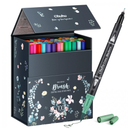Conjunto de Canetas Artisticas 100 Cores com Pontas Duplas, Pincel Fino à Base de Água para Crianças e Adultos, Ohuhu, Preta
