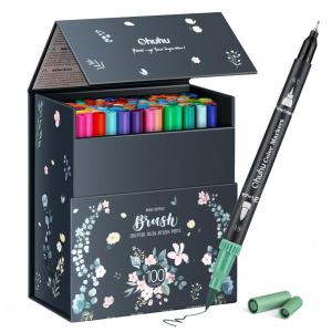 Conjunto de Canetas Artisticas 100 Cores com Pontas Duplas, Pincel Fino à Base de Água para Crianças e Adultos, Ohuhu, Preta