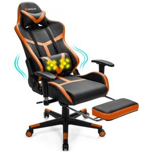 Cadeira Gamer Ergonômica em Couro Sintético com Apoio para os Pés, POWERSTONE, Preta e Laranja