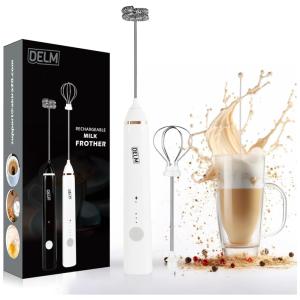 Espumador de Leite Elétrico com Bateria Recarregável USB e 3 Velocidades, DELM White, Branco