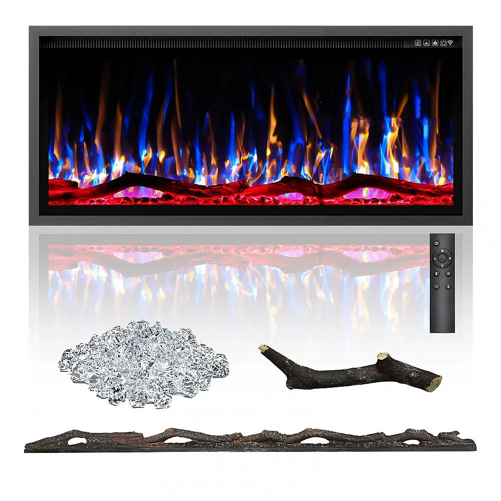 Lareira Elétrica Eueiriup 117x59cm 1500W Chamas LED 12 Cores Embutir 110V