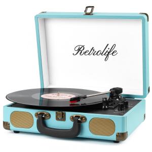 Toca-discos com Alto-falantes Portáteis 3 Velocidades Bluetooth em Maleta de Vinil, Saída RCA, Entrada AUX e Conector para Fones de Ouvido