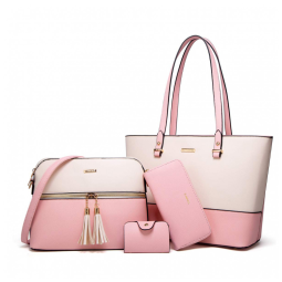 Conjunto de Bolsas Femininas em Couro Sintético 4 Peças com Carteira, Lovematch, Rosa e Bege