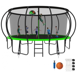 Cama Elastica Capacidade até 635 kg, Tamanho 4,2 Metros com Cesta de Basquete, SKYUP, Verde