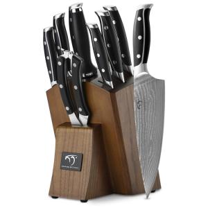 Conjunto de Facas NANFANG BROTHERS em Aço Damasco VG10 com Bloco de Bancada, 9 Peças, Preta