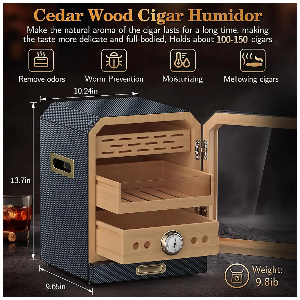 Humidor para Charutos SEMKONT Fibra de Carbono Gaveta de Acessórios LED 3 Prateleiras 100-150 Charutos — foto 2