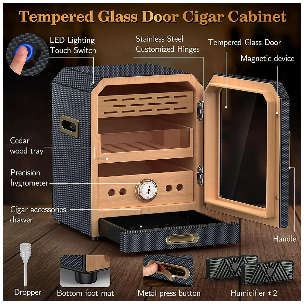 Humidor para Charutos SEMKONT Fibra de Carbono Gaveta de Acessórios LED 3 Prateleiras 100-150 Charutos — foto 3