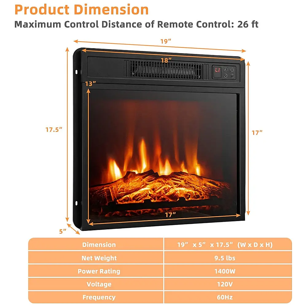 Lareira Elétrica de Embutir A44x48L com Controle Remoto e Luz de LED, 1400W, 110v, TANGKULA, Preto — foto 2