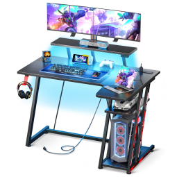 Mesa Gamer de Fibra de Carbono 39" 100 cm com Gancho para Fone de Ouvido, 2 Tomadas, 2 Portas USB, Luz LED e Suporte para Monitor, 110V