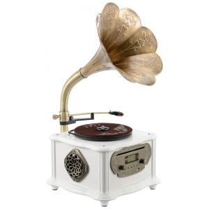 Gramofone Toca Discos Retro com Alto Falantes e Controle de Sistema, 110V, BANDC, Branco