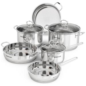 Conjunto de Panelas e Frigideiras de Aço Inoxidável, 9 Peças, SUNHOUSE AM500, Prateado