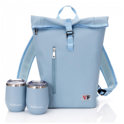 Bolsa Elegante para Duas Garrafas de Vinho em Couro com Rolha e Copos Combinando Leve e Compacta em Azul Claro,Vin Fresco