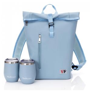 Bolsa Elegante para Duas Garrafas de Vinho em Couro com Rolha e Copos Combinando Leve e Compacta em Azul Claro,Vin Fresco