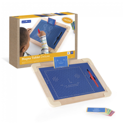 Tablet magnético Guidecraft Magna Tablet Deluxe azul em madeira e plástico com caneta magnética e 10 cartões de atividades para aprendizagem