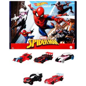 Conjunto de 5 Carros Marvel, Escala 1:64 com Homem Aranha e Outros Personagens para Crianças Acima de 3 Anos, Hot Wheels