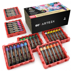 Kit de Tinta Acrílica Profissional com Cores Essenciais e Inclui 5 Pigmentos Metálicos, 60 Peças, Arteza