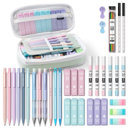 Conjunto 36 peças Four Candies verde com estojo e lapiseiras 0,5 mm, 0,7 mm, 0,9 mm e 2,0 mm para escrita e desenho