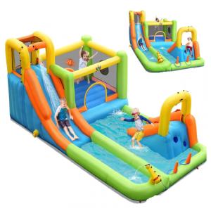 Parque Aquático Inflável 8 em 1, até 136 kg com Escorregador Longo e Piscina Gigante para Crianças Acima de 3 Anos, BOUNTECH