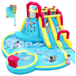 Parque Aquático Inflável 7 em 1 com 2 Piscinas, Parede de Escalada, Spray de Água e Canhão de Água para Crianças e Adultos, ELEMARA