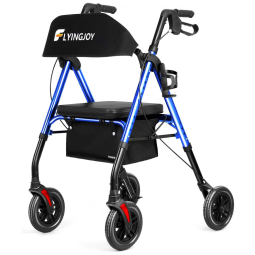 Andador para Idoso Dobrável até 136kg com Assento, Encosto Extra Largo e Suporte para Bengala, FlyingJoy, Azul