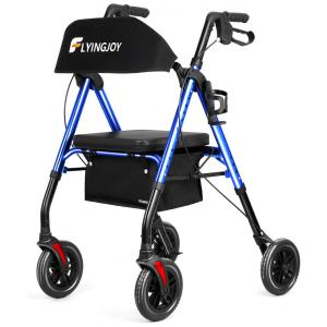 Andador para Idoso Dobrável até 136kg com Assento, Encosto Extra Largo e Suporte para Bengala, FlyingJoy, Azul