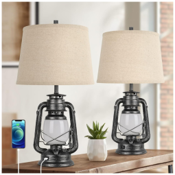 Kit 2 Luminárias de Mesa Vintage em Metal e Abajur de Tecido, BRIGHTEVER T0379 BK AP 27, Preto