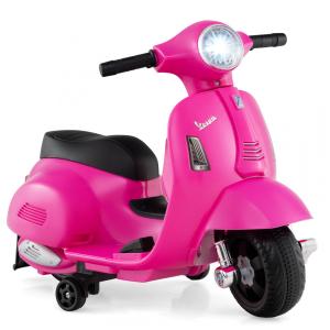 Moto Elétrica Infantil Vespa OLAKIDS Rosa 6V Licenciada Rodas de Treinamento Farol LED Buzina Estrutura Metálica 3 Rodas