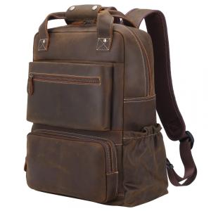 Mochila Masculina para Laptop de Couro, TIDING, Marrom