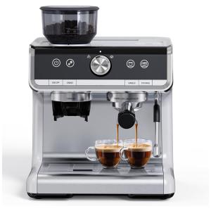 Máquina de Café Expresso Profissional 20 Bar com Moedor Embutido e Bocal de Leite, 110V, Garvee, Prata
