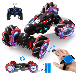 Carrinho de Controle Remoto e Sensor de Gestos RC 4WD com Música, Luzes e Giratório de Dupla Face 360 , Jovow, Preto e Vermelho
