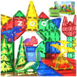 Blocos de Construção Magnéticos de Dinossauro com Peças de Telhas Magnéticas e Hastes Ímãs Dino World para Crianças Acima de 3 Anos, Coodoo