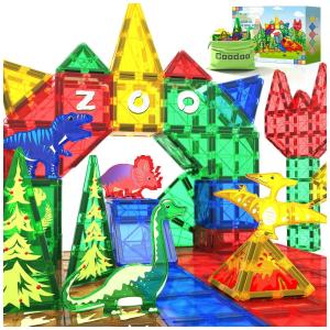 Blocos de Construção Magnéticos de Dinossauro com Peças de Telhas Magnéticas e Hastes Ímãs Dino World para Crianças Acima de 3 Anos, Coodoo