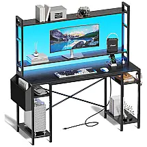 Mesa Gamer 55" 139 cm com Luz LED, Suporte para Monitor, Prateleiras Ajustáveis, Tomadas e Suporte para CPU, 110V, Huuger