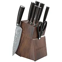Conjunto de Facas com Afiador Embutido e Bloco de Bancada 13 Peças, YATOSHI KNIVES, Marrom