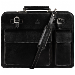 Bolsa Carteiro Masculina de Couro Italiano de Flor Integral para Laptop com 15 Polegadas, Time Resistance, Preta