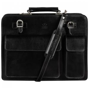 Bolsa Carteiro Masculina de Couro Italiano de Flor Integral para Laptop com 15 Polegadas, Time Resistance, Preta