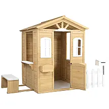 Casinha Infantil de Madeira para Área Externa com Banco Lateral, Porta, Janelas, Caixa de Correio e Suportes para Vasos de Flores, Dithoko