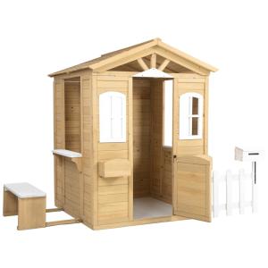 Casinha Infantil de Madeira para Área Externa com Banco Lateral, Porta, Janelas, Caixa de Correio e Suportes para Vasos de Flores, Dithoko