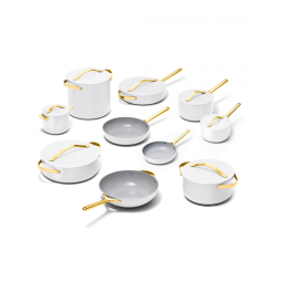 Conjunto de panelas 24 peças Caraway branco com revestimento cerâmico antiaderente e organizadores para fogão e forno