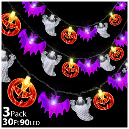 Kit de Luzes para Decoração de Halloween 30 LED 6 Metros, 3 Unidades, Abóboras e Morcegos