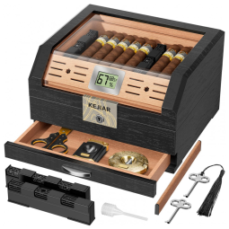 Umidor KEJIAR Preto Formato Trapezoidal Tampa Acrílica com Trava e Higrômetro Digital para 45 a 60 Charutos