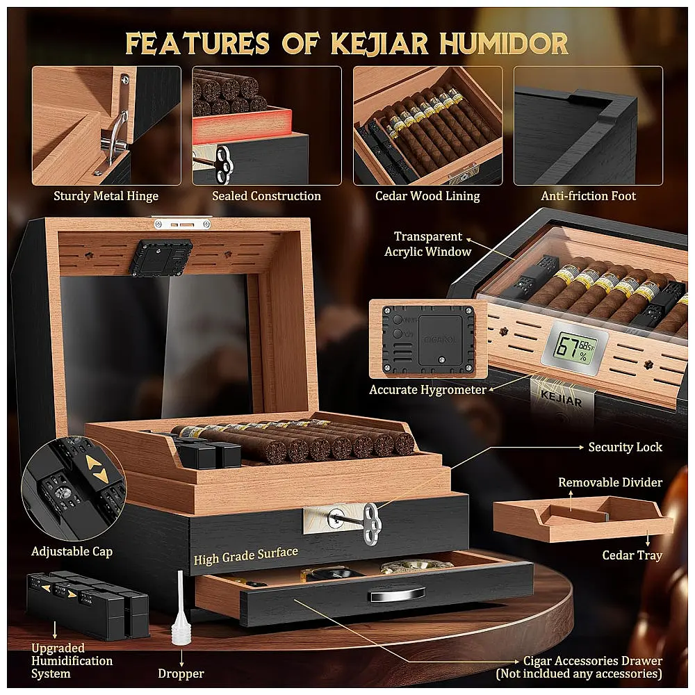 Humidor para Charutos KEJIAR Preto Madeira de Cedro Tampa Acrílica 45-60 Charutos Higrômetro Digital — foto 2