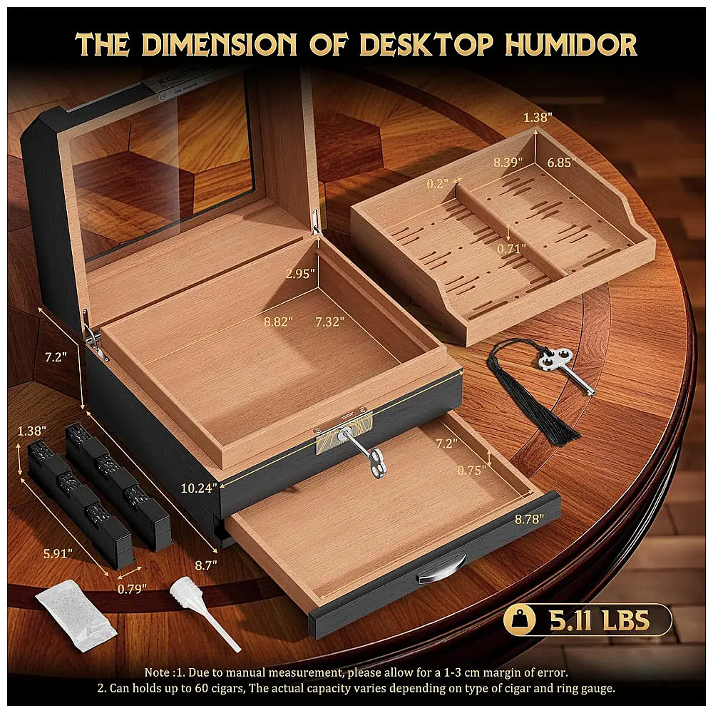 Humidor para Charutos KEJIAR Preto Madeira de Cedro Tampa Acrílica 45-60 Charutos Higrômetro Digital — foto 3