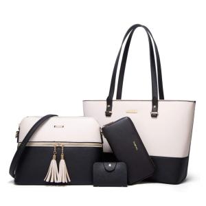 Conjunto de Bolsas Femininas em Couro Sintético 4 Peças com Carteira, Lovematch, Preto e Bege