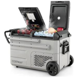 Geladeira Portátil 37L de Zona Dupla e Temperatura Única, 12V 24V DC, 100 240V AC, COSTWAY, Cinza